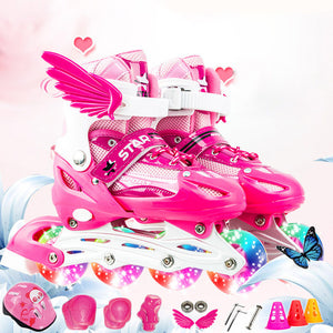 Children's new inline skates set, safe and comfortable adjustable size skates, boys and girls beginners full flash skates